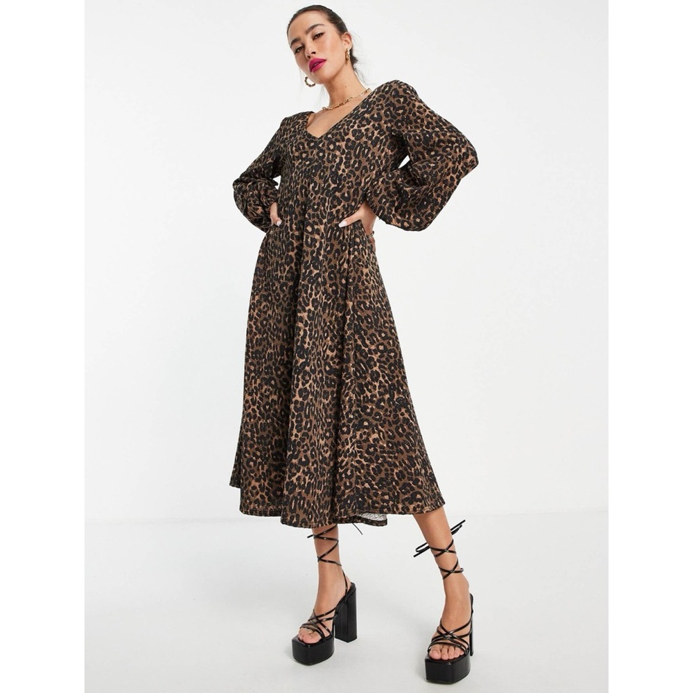 ASOS Design Textured Smock Midi Dress Leopard Animal Print V Neck Balloon Sleeve